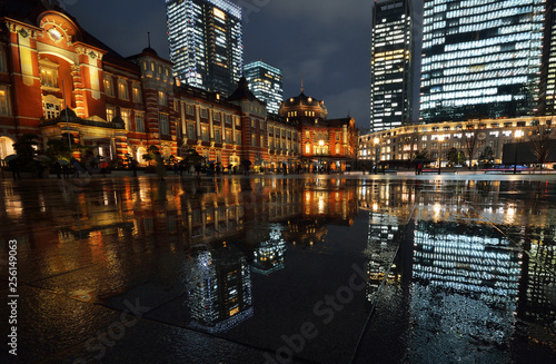 雨降る東京駅の夜景