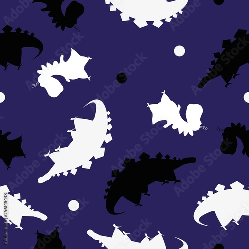 Seamless pattern dinosaurs shadow. Animal blue background with black and white dino. Vector illustration.