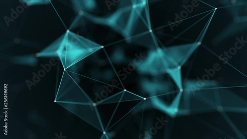 Plexus fantasy abstract technology. Abstract geometric background with moving lines, dots and triangles.