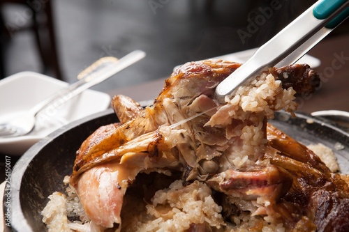 Roasted Chicken on crust of overcooked rice
