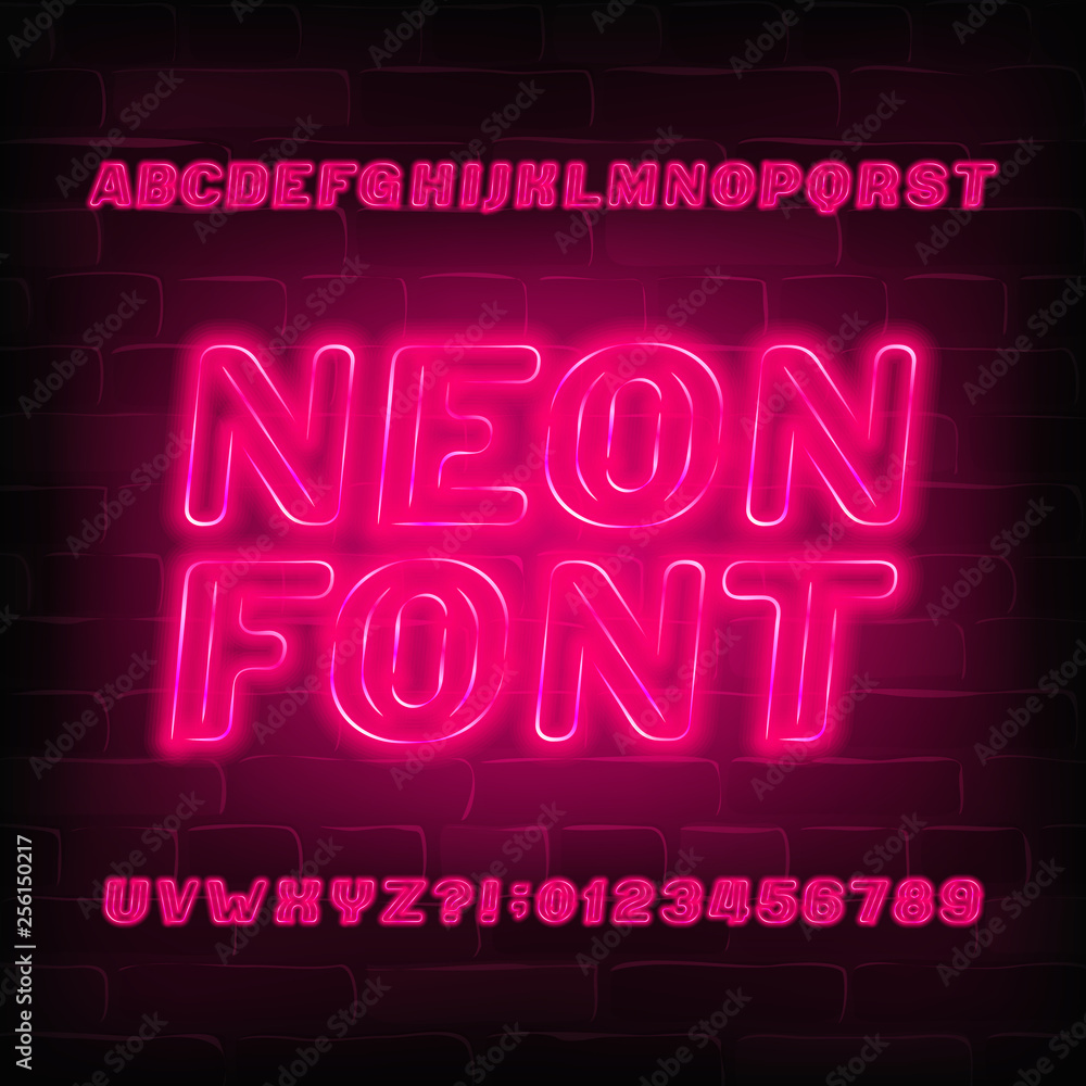 Red neon alphabet font. Neon color light bulb oblique letters and numbers. Stock vector typeface for your typography design.