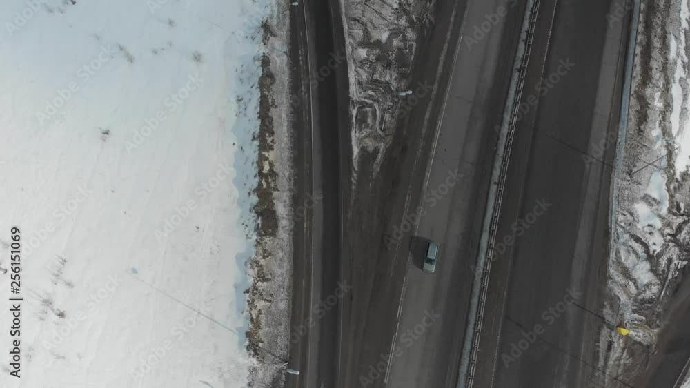 An aerial view on a highway. A camera overflight above the road