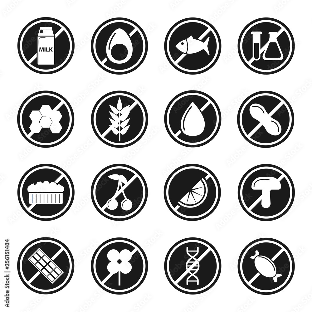 Food and chemicals prohibition sign isolated monochrome icons