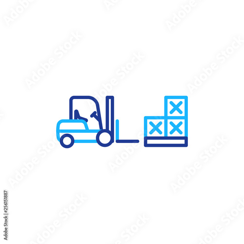 Fork truck with pallet of boxes, cargo load storage service line icon