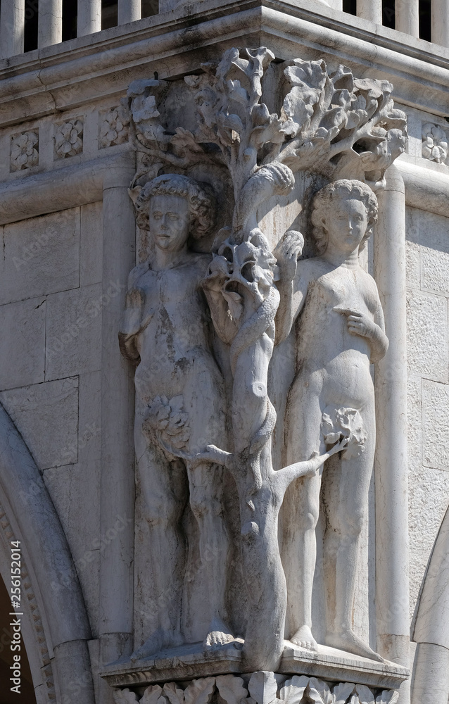 Detail of the Doge Palace with statues of Adam and Eve, St. Mark Square, Venice, Italy, UNESCO World Heritage Sites