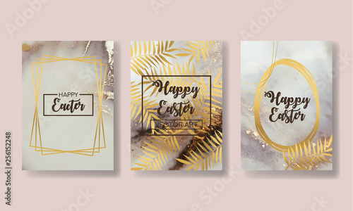happy easter. the big set of liquid marble with gold. flyer, business card, flyer, brochure, poster, for printing. trend vector