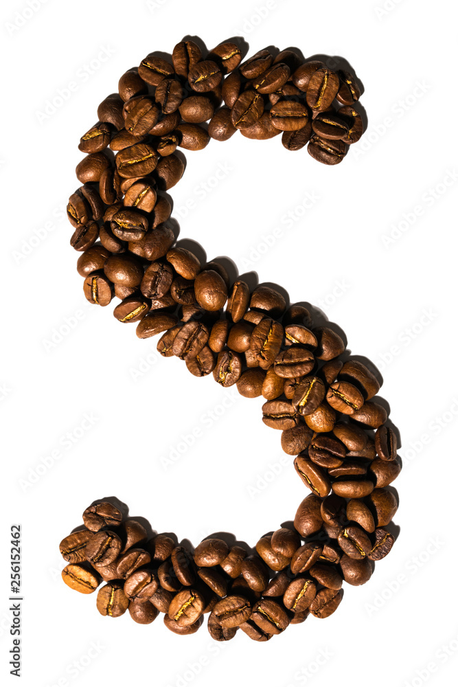 Obraz premium Roasted coffee bean letter S isolated on white