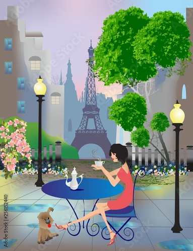 composition with a woman sitting at a table and drinking the morning coffee