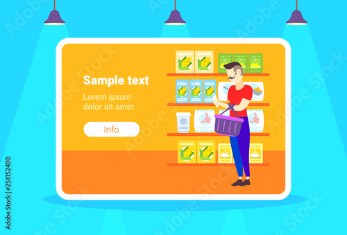 man customer checking shopping list choosing food big grocery shop supermarket interior guy buyer super market concept full length copy space horizontal flat