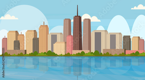 beautiful river city panorama high skyscrapers cityscape background skyline flat horizontal banner