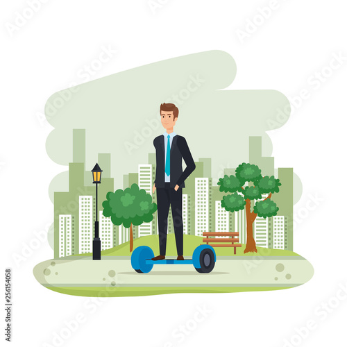 businessman in hoverboard electric in the camp