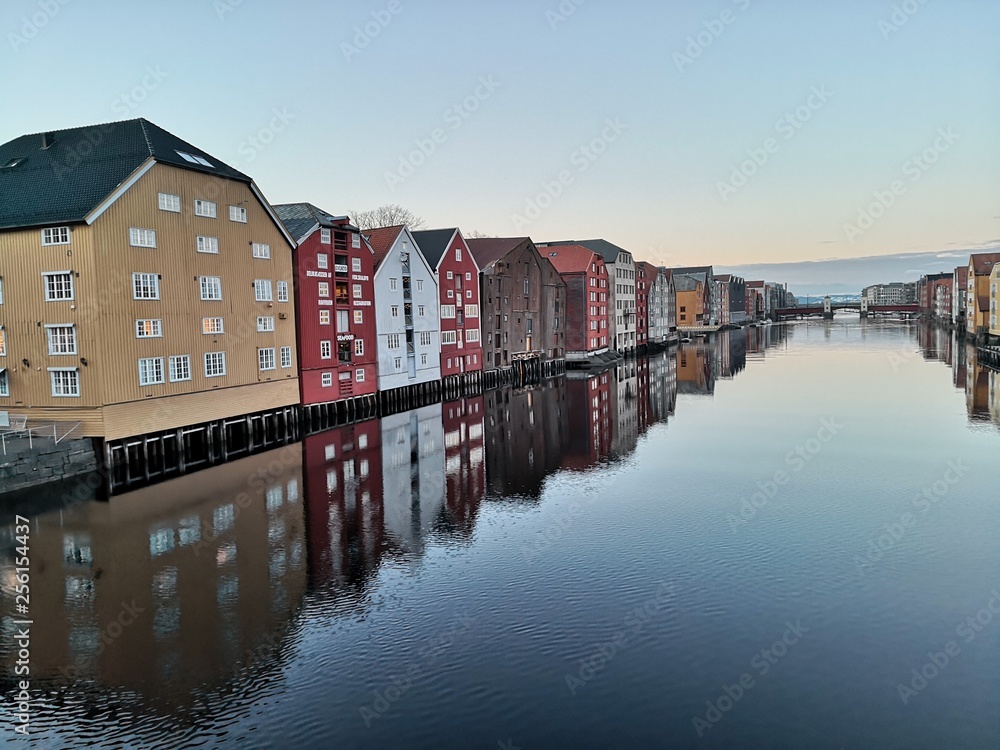 Norwegian traditional harbor buildings in a big city