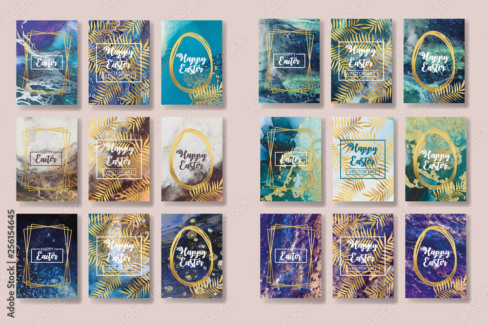 Obraz premium happy easter. the big set of liquid marble with gold. flyer, business card, flyer, brochure, poster, for printing. trend vector