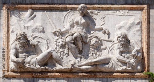 Relief representing Venice as Justice from the Loggetta by Jacopo Sansovino, under the Campanile di San Marco, Venice, Italy, UNESCO World Heritage Sites  photo