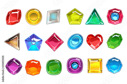 Big collection of colorful valuable stones in different shapes. Square, round, pear shaped, triangular, rhombus and heart. Bright gemstones icons. Flat vector design