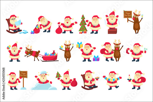 Set with funny Santa Claus in different poses. Merry Christmas and Happy New Year. Reindeer, bag with gifts, children s letters, tree, snow. Flat vector for greeting card