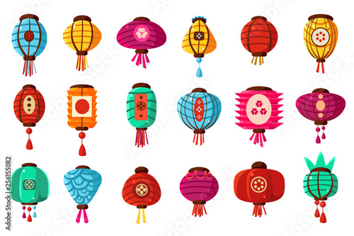 Colorful flat cartoon style street paper Chinese lanterns set. Traditional oriental decoration for celebration, holiday objects. Vector illustrations.