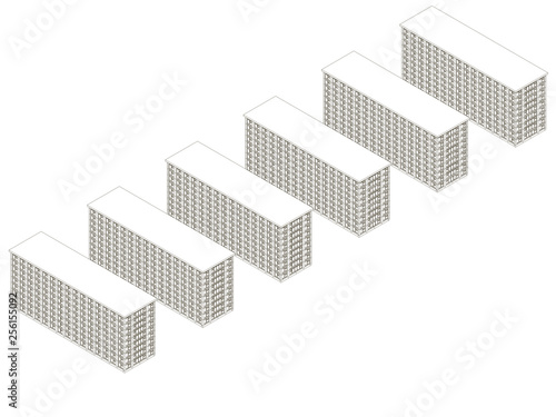 Background with contours of multi-storey buildings from black lines on a white background. Isometric view. Vector illustration
