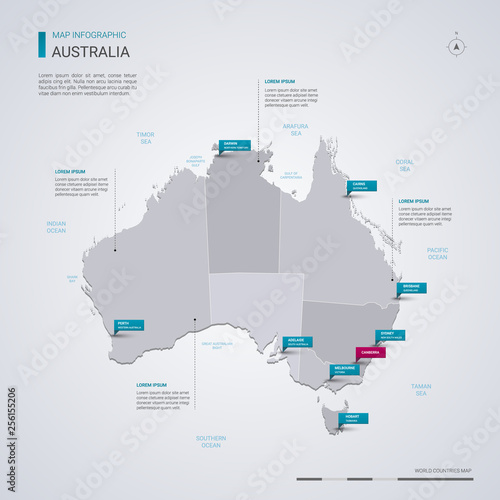 Australia vector map with infographic elements, pointer marks.