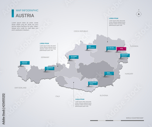 Austria vector map with infographic elements, pointer marks.