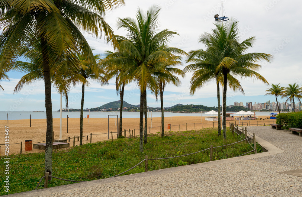 The lovely seafront and main beach of the city of Vitoria in the Espirito Santo state in Brazil. Some characteristic palm trees in the foreground