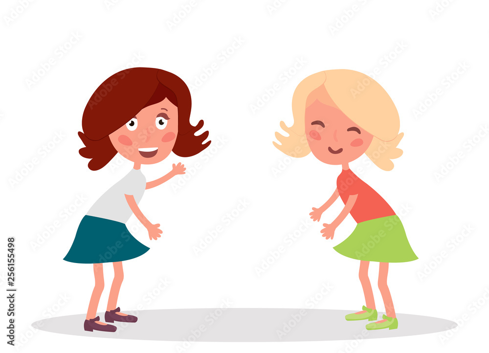Two girlfriends having fun, standing and smiling. Young girl cartoon characters isolated on white background.Vector illustration.