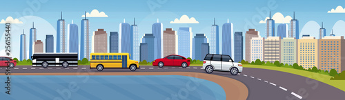 cars and passenger buses driving asphalt highway road over beautiful river city panorama skyscrapers cityscape background skyline flat horizontal banner