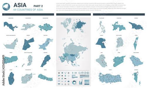 Vector maps set.  High detailed 44 maps of Asian countries with administrative division and cities. Political map, map of Asia continent, world map, globe, infographic elements.  Part 2.