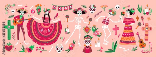 Bundle of Mexican Dia de los Muertos symbols - skeletons dressed in national folk costumes playing guitar, maracas or dancing and celebrating holiday. Traditional festive vector illustration.