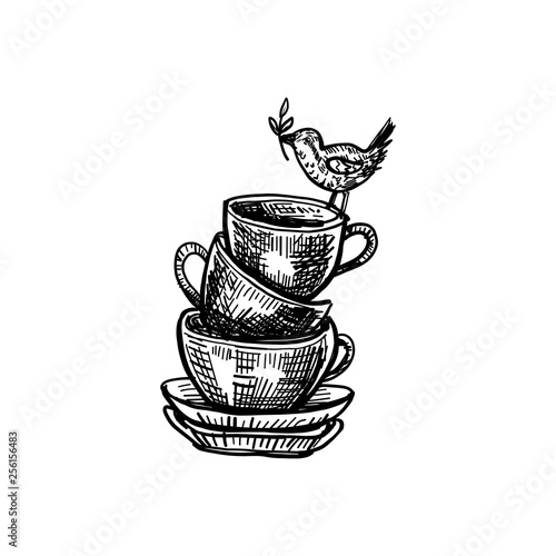 Hand drawn vector ink sketch cup with bird isolated on white background, decorative vintage silhouette dishware for design retro packaging tea, coffee, restaurant menu, greeting card for tea party