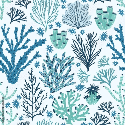 Seamless pattern with blue and green corals and seaweed. Backdrop with seabed species, underwater flora and fauna, aquatic life. Flat decorative vector illustration for fabric print, wallpaper.