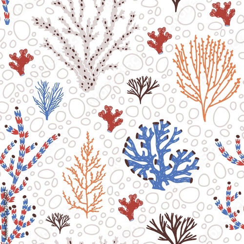 Seamless pattern with blue and red corals, seaweed or algae. Backdrop with se...