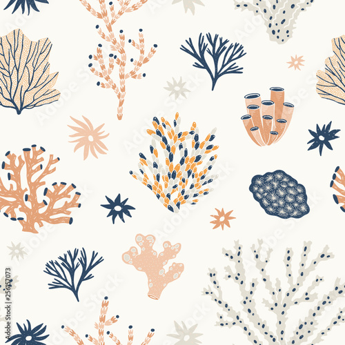 Natural seamless pattern with orange and blue corals, seaweed or algae