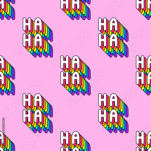Seamless pattern with words “Ha-Ha” isolated on pink background. Text patches vector wallpaper. Quirky funny cartoon comic style of 80-90s.