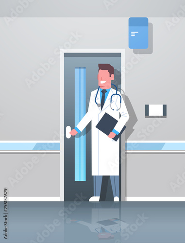 male doctor with clipboard and stethoscope opening office door hospital corridor clinic interior happy cartoon character in uniform full length flat vertical