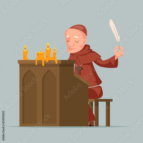 Monk write chronicles historical events writer scribe medieval stand feather pen ink scroll copy candles cartoon chronicler design vector illustration