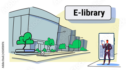 businessman using mobile app e-library concept business man reading book online library smartphone screen cityscape background horizontal full length sketch doodle