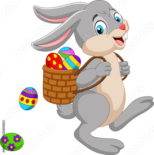 Cartoon Easter Bunny carrying basket of an Easter egg