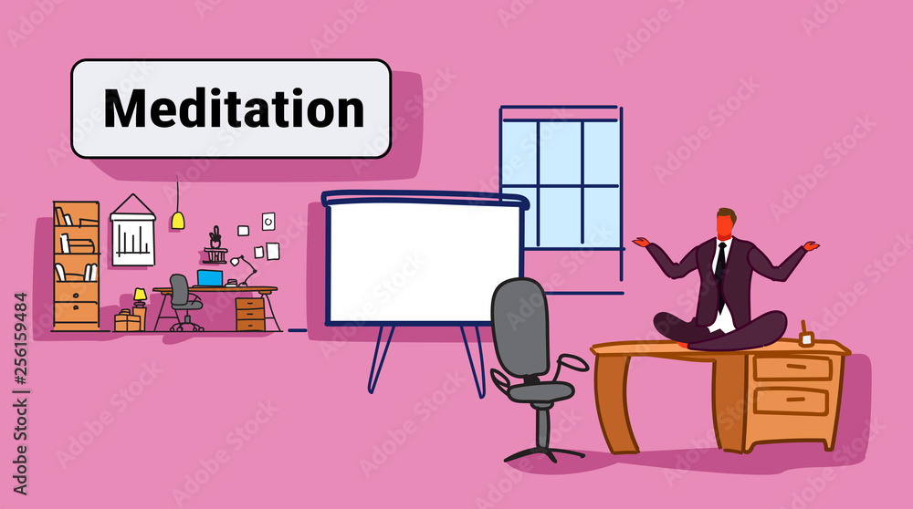 businessman sitting lotus pose on table workplace desk business man keeping calm yoga meditation concept modern office interior sketch doodle horizontal businessman sitting lotus pose on table workplace desk business man keeping calm yoga meditation concept modern office interior sketch doodle horizontal