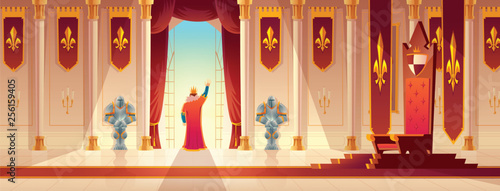 Medieval ruler coronation ceremony, celebrating victory in war cartoon vector concept. Throne on pedestal, knight guards and emperor or king greeting crowd from palace or castle balcony illustration