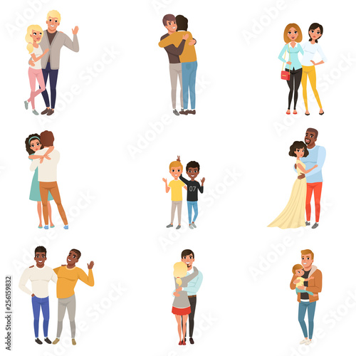 Set of hugging people in different poses. Sisters, brothers, couples in love, friends, father and child. Cartoon characters with happy faces. Flat vector design