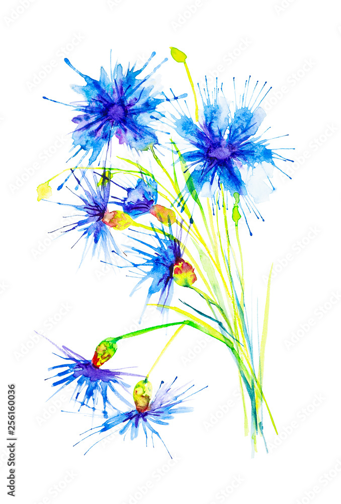 Naklejka Watercolor illustration with beautiful abstract blue flower. Isolated on white background