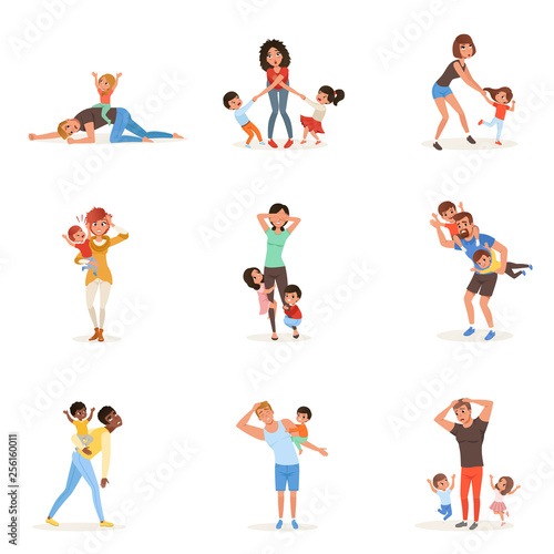 Cartoon set of tired young parents in different poses. Fathers, mothers, little boys and girls. Kids want to play. Reality of parenthood. Family action. Flat vector