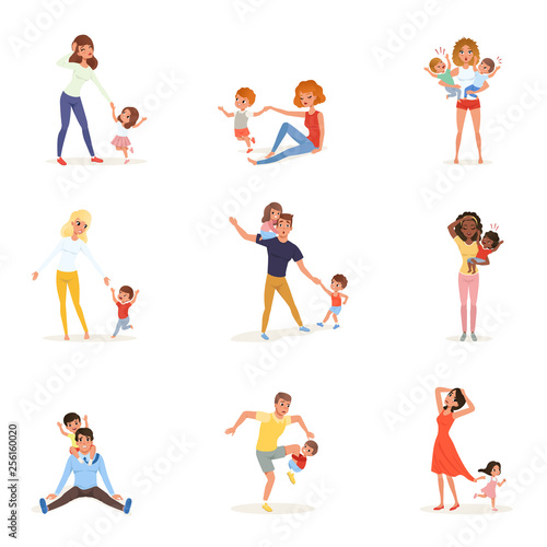 Set of tired parents with children. Exhausted moms and dads, playful boys and girls. Crazy day. Kids want to play. Reality of parenthood. Family concept. Flat vector