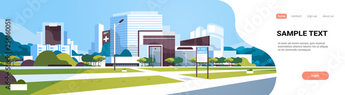 big hospital building modern medical clinic exterior with yard information board trees cityscape background flat horizontal banner copy space