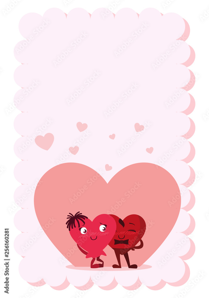 postcard with couple hearts kawaii characters