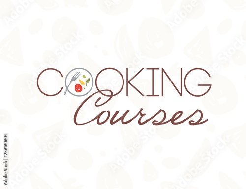 Vector cooking courses logo design template with plate, fork, healthy food isolated on light pattern backdrop. Flat style. Good for world cuisine courses, chief classes, restaurant advertising, banner