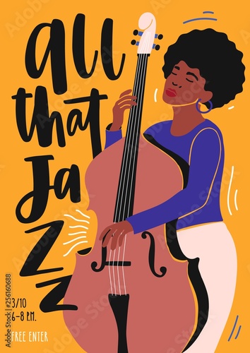 Template for jazz club invitation, music band performance or concert flyer with female musician playing double bass and lettering. Vector illustration in contemporary flat style for event promotion.