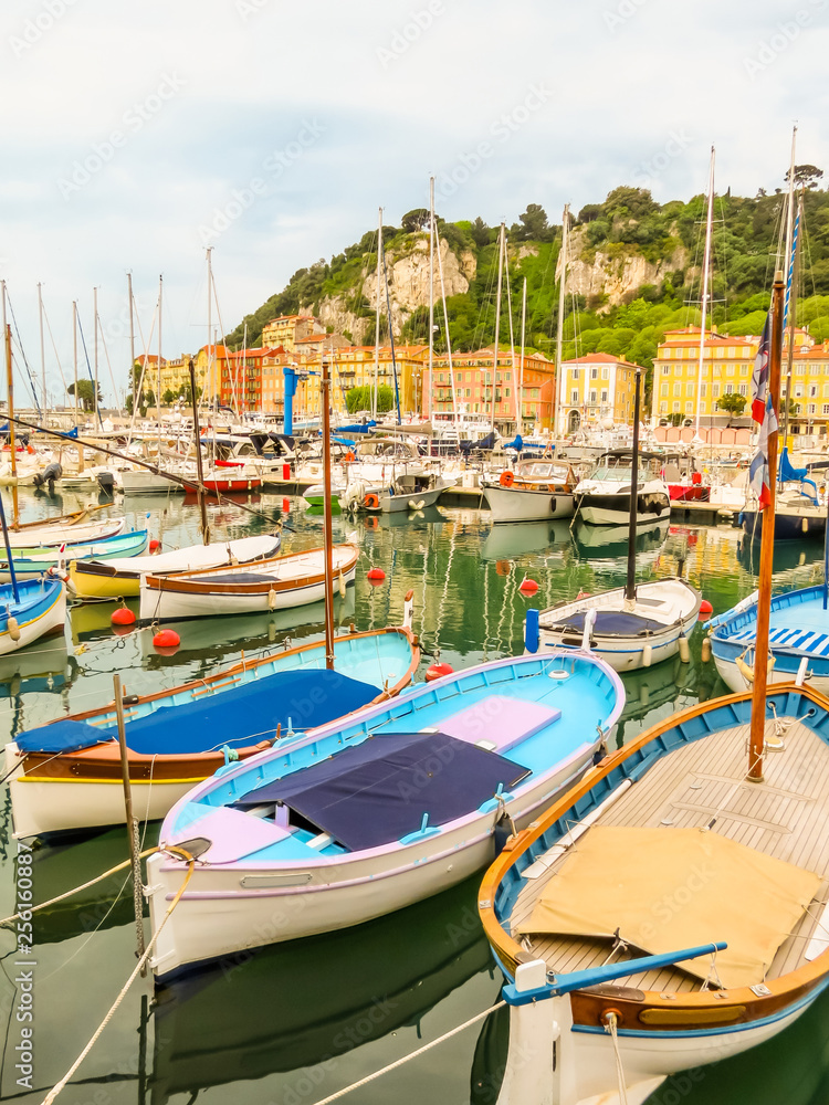 Historic port area of Nice. Fishing boats in the Port of Nice, France