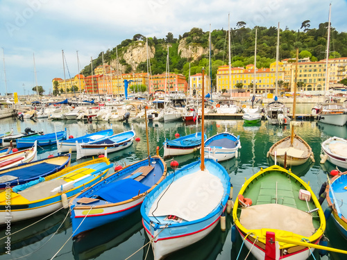 Historic port area of Nice. Fishing boats in the Port of Nice, France